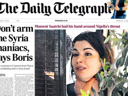 Portada del 'Daily Telegraph' donde se muestra presuntamente a Charles Saatchi maltratando a su mujer, Nigella Lawson.