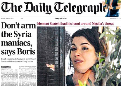 Portada del 'Daily Telegraph' donde se muestra presuntamente a Charles Saatchi maltratando a su mujer, Nigella Lawson.