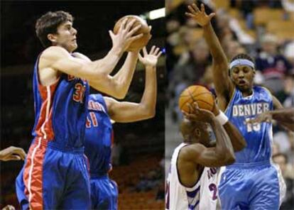 Darko Milicic atrapa un rebote y Carmelo Anthony salta para taponar a un rival.