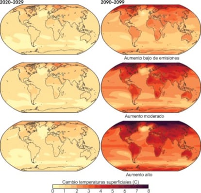 Patrones de calentamiento (aumento en grados centígrados) basados en tres escenarios de crecimiento (bajo, moderado y alto) de emisiones de gases de efecto invernadero
