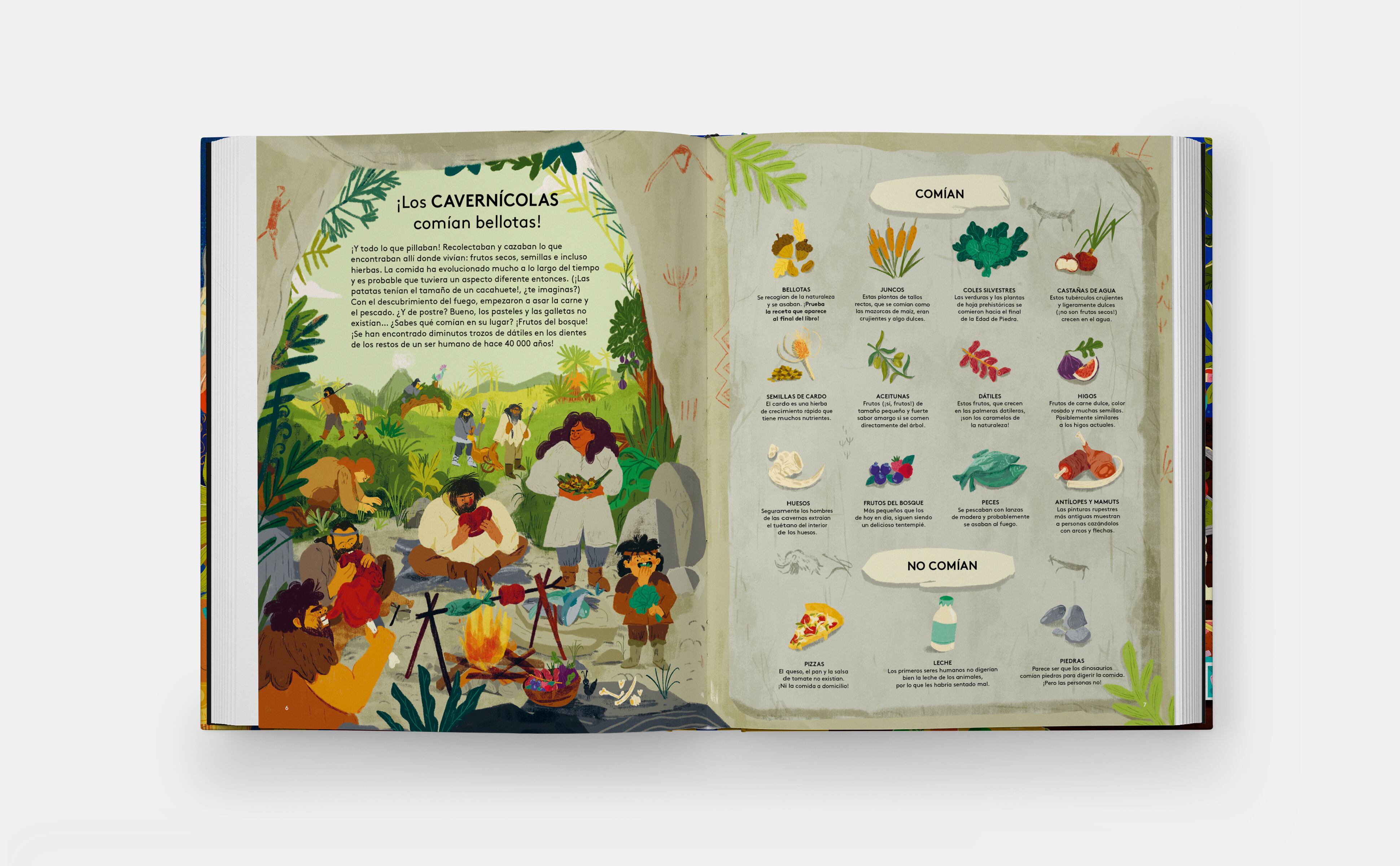 Interior de '¡A comer! Como los cavernícolas, los piratas y otros personajes históricos', de Rachel Levin (autora), y Natalia Rojas Castro (ilustradora), editado por Phaidon. A partir de cinco años.