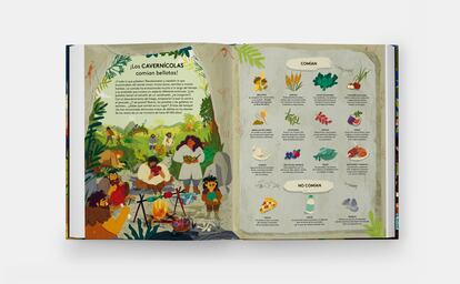 Interior de '¡A comer! Como los cavernícolas, los piratas y otros personajes históricos', de Rachel Levin (autora), y Natalia Rojas Castro (ilustradora), editado por Phaidon. A partir de cinco años.