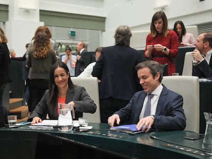 Villacís junto a Saura, concejal del distrito de Retiro, en el pleno de este martes.