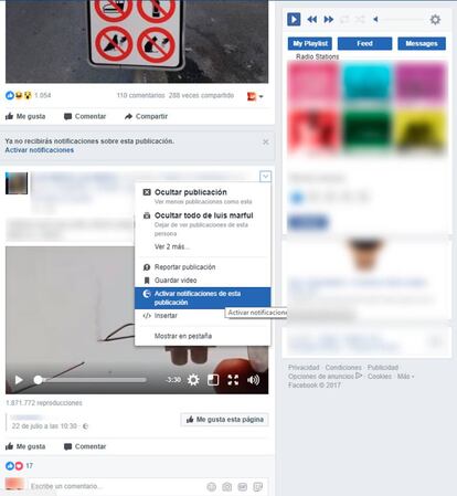 Ubicación del botón para activar las notificaciones en Facebook