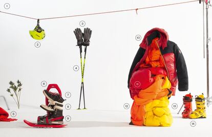 Paseos invernales 1. Cuerdas rojas de Decathlon. 4,99 euros. 2. Casco fluorescente modelo Canyon, de Briko. 89 euros. 3. Guantes de nieve de piel de Moncler. 390 euros. 4. Bastones Freeride Pro, de Rossignol. 79 euros. 5. Bufanda roja de lana oversize de Hugo. 119 euros. 6. Raquetas de nieve de Decathlon. 49,99 euros. 7. Botas Geoffroy de piel y ante, de Moncler. 1.295 euros. 8. Botas de piel blanca de la colección Coco Neige, de Chanel. 1.280 euros. 9. Zapatillas de piel modelo Roraima, de Veja. 165 euros. 10. Plumífero largo con borrego de Colmar. 769 euros. 11. Plumífero rojo de Ienki Ienki para Mytheresa. 1.130 euros. 12. Pantalón (1.150 euros) y parka (2.200) de la colección Linea Rossa, de Prada. 13. Plumífero amarillo de Woolrich. 700 euros. 14. Botas modelo Alltrack Pro, de Rossignol. 459 euros.