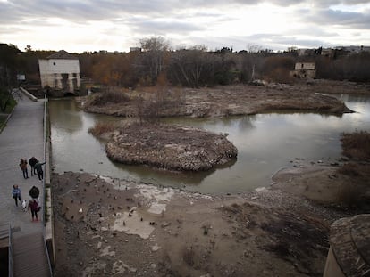 Pequeño islote formado por toallitas y otros materiales que ha aflorado tras bajar el cauce del río Guadalquivir a su paso por Córdoba capital.