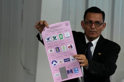 A Guatemalan election official displays a sample ballot; July 4, 2023.