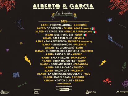 Cartel promocional de la gira de Alberto&García que les llevará a distintas ciudades de España y Latinoamérica durante 2024.