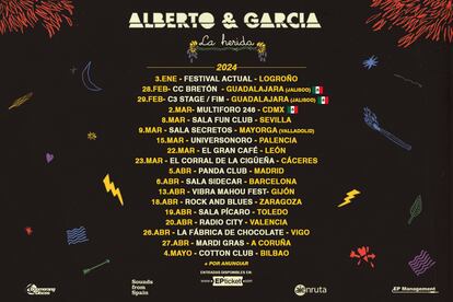 Cartel promocional de la gira de Alberto&García que les llevará a distintas ciudades de España y Latinoamérica durante 2024.