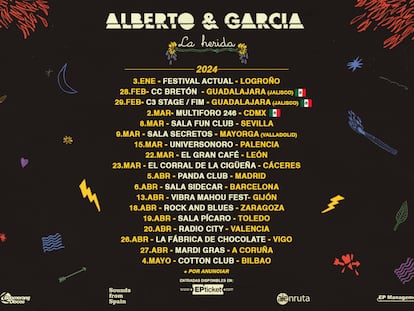 Cartel promocional de la gira de Alberto&García que les llevará a distintas ciudades de España y Latinoamérica durante 2024.