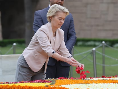 La presidenta de la Comisión Europea, Ursula von der Leyen, este jueves en Nueva Delhi.