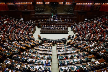 El rey Felipe VI, durante su discurso en su visita a la sede de la Cmara de Diputados de Italia.