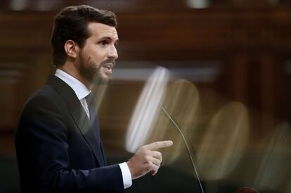 El líder del PP, Pablo Casado, durante su intervención en la moción de censura.