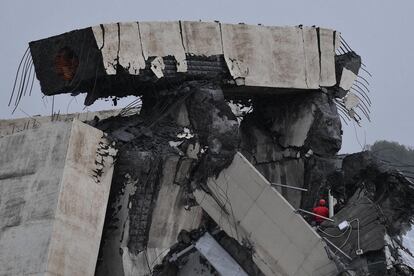 Miembros de los servicios de emergencia buscan entre los escombros tras derrumbarse una sección del viaducto Morandi en Génova (Italia).