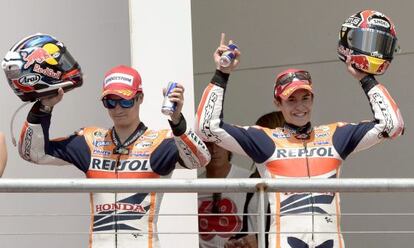 Marc Marquez and teammate Dani Pedrosa of Spain celebrate their one-two finish at Grand Prix of the Americas. 