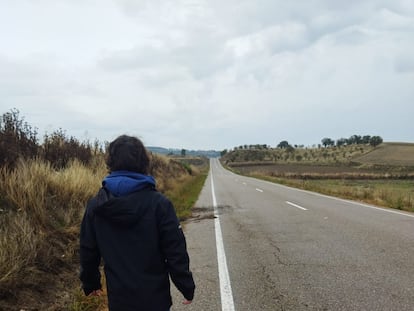 Un joven pasea junto al punto de la carretera VP-5805 cerca de Velliza (Valladolid), donde se produjo el atropello mortal de dos hombres este domingo.