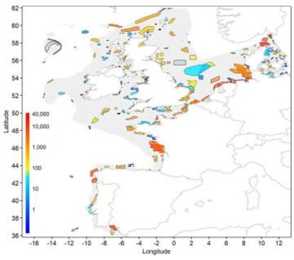 Cuanto más al rojo, más horas de pesca de arrastre en cada una de las zonas marítimas protegidas. La zona en gris es el área total del estudio.