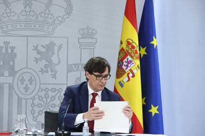 Salvador Illa durante la rueda de prensa tras la Reunión del Comité de Seguimiento del Coronavirus ayer en el Complejo de la Moncloa.