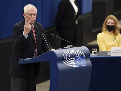 El Alto Representante de la UE, Josep Borrell, durante su discurso ante el pleno del Parlamento Europeo, en Estrasburgo.