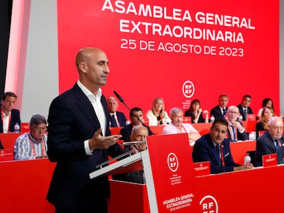 Luis Rubiales, durante su comparecencia en la asamblea de la Federación Española de Fútbol este viernes.