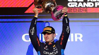 Max Verstappen lifts the trophy after winning the Formula One Bahrain Grand Prix, 02 March 2024.