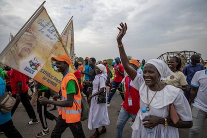 A group of the Catholic faithful from the town of Rumbek cheer as they arrive after walking for more than a week to reach the capital for the visit of Pope Francis, in Juba, South Sudan Thursday, Feb. 2, 2023. 