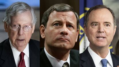 De izquiera a derecha: el líder republicano del Senado, Mitch McConnell, el presidente del Tribunal Supremo, John Roberts, y el jefe del Comité de Inteligencia de la Cámara de Representantes, el demócrata Adam Schiff.