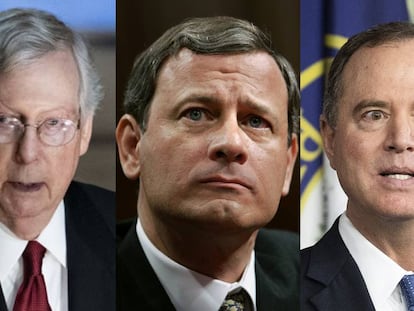 De izquiera a derecha: el líder republicano del Senado, Mitch McConnell, el presidente del Tribunal Supremo, John Roberts, y el jefe del Comité de Inteligencia de la Cámara de Representantes, el demócrata Adam Schiff.