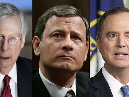 De izquiera a derecha: el líder republicano del Senado, Mitch McConnell, el presidente del Tribunal Supremo, John Roberts, y el jefe del Comité de Inteligencia de la Cámara de Representantes, el demócrata Adam Schiff.