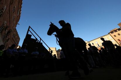 The horse of the "Chiocciola" (Snail) parish is escorted by a groom before the second practice for the Palio of Siena, Italy August 14, 2017. REUTERS/Stefano Rellandini  NO SALES.