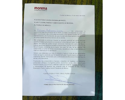 La carta compromiso que firmaron los candidatos al Congreso por Morena, el Partido Verde y el Partido del Trabajo.