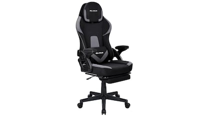 This gaming chair features a footrest for added comfort and comes in black and gray.