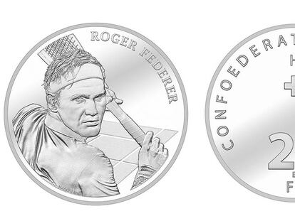 Moneda de plata de 20 francos suizos con la imagen de Federer.