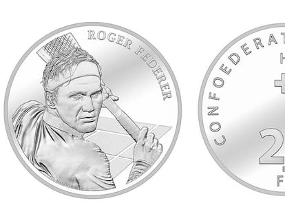 Moneda de plata de 20 francos suizos con la imagen de Federer.