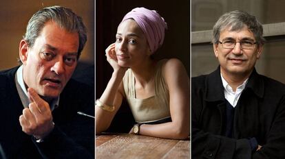 Paul Auster (i), Zadie Smith (c) y Orhan Pamuk (d).