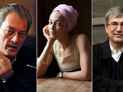 Paul Auster (i), Zadie Smith (c) y Orhan Pamuk (d).