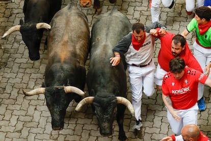 Varios mozos corren junto a los toros de la ganadería sevillana de Miura, este lunes. 