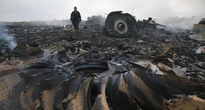 Un funcionario del Ministerio de Emergencias, en el lugar donde se estrell&oacute; el avi&oacute;n MH17.