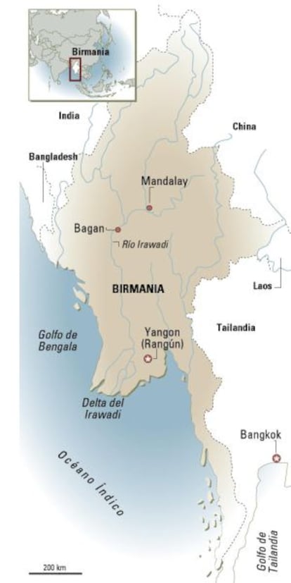 Mapa de Myanmar, la antigua Birmania.