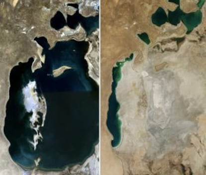 Una comparación del Mar de Aral en 1989 (izquierda) y 2014.
