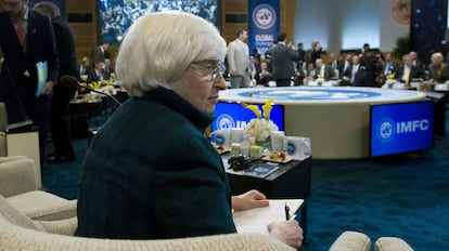 Janet Yellen durante la reuni&oacute;n del FMI