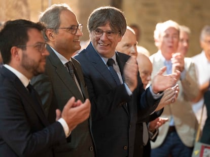 Acto de homenaje a Pau Casals en Prada de Conflent, con el 'president' Pere Aragonès, y sus antecesores Quim Torra, Carles Puigdemont, José Montilla y Jordi Pujol.