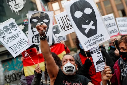 Hasél supporters protesting the recent conviction in Madrid on  February 6.