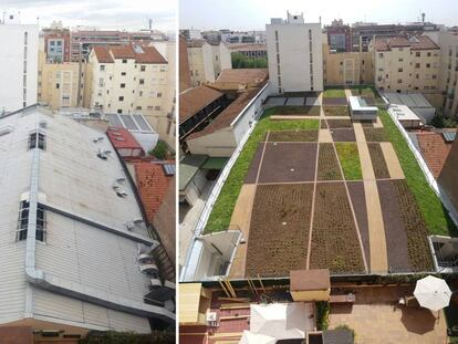 El antes y el despu&eacute;s de uno de los jardines que Mercadona ha construido sobre dos de sus supermercados de Chamber&iacute; (Madrid). 