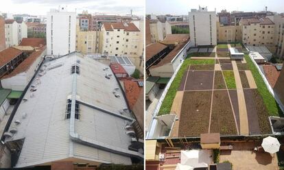 El antes y el después de uno de los jardines que Mercadona ha construido sobre dos de sus supermercados de Chamberí (Madrid).