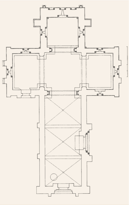 Planta de la iglesia de Santa Marta de Tera (Zamora), con su cabecera rectangular.