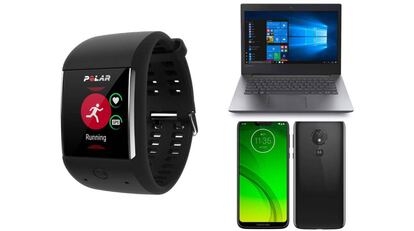 De izquierda a derecha: pulsómetro GPS Polar M600, portátil Lenovo IdeaPad y Motorola Moto G7 Power.