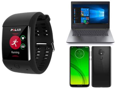 De izquierda a derecha: pulsómetro GPS Polar M600, portátil Lenovo IdeaPad y Motorola Moto G7 Power.