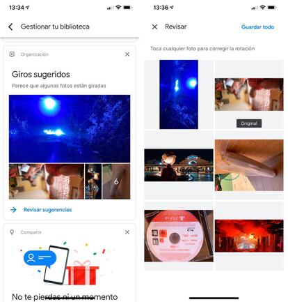 Girar varias imágenes en Google Fotos.