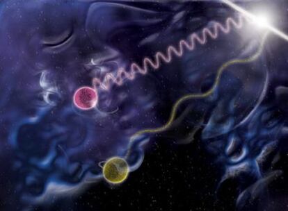 En esta ilustración, un fotón (color púrpura) tiene una energía un millón de veces mayor que otro (color amarillo), pero llega al mismo tiempo al detector en el telescopio <i>Fermi</i>.